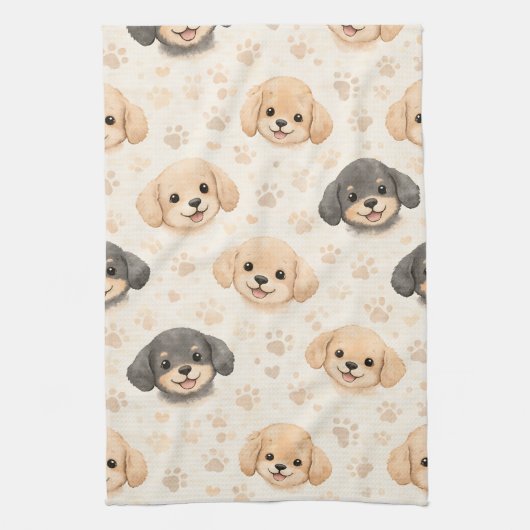 かわいい子犬ハートウォーターカラーパターン (3) キッチンタオル (縦)