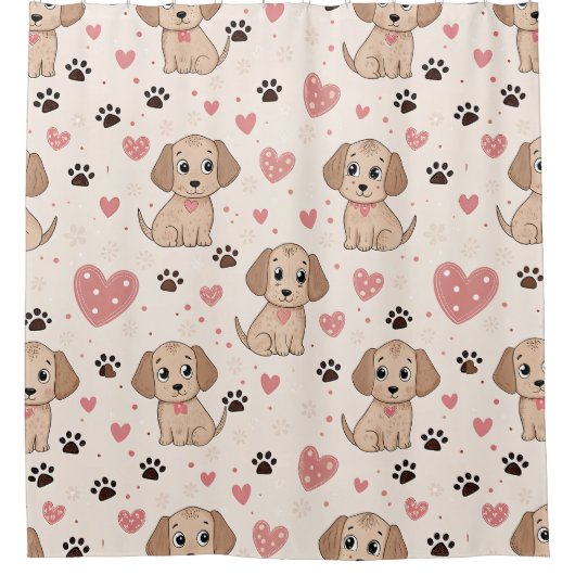 かわいい子犬ハートウォーターカラーパターン (4) シャワーカーテン (正面)