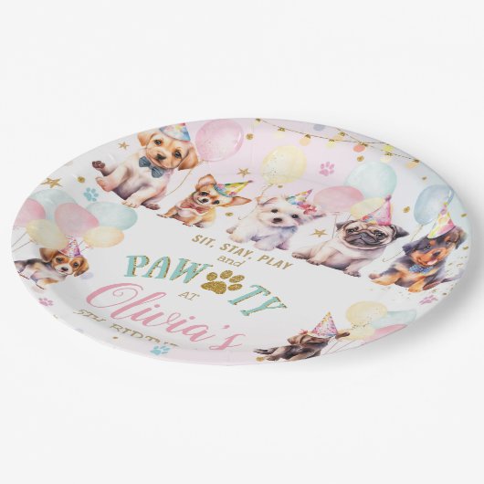 かわいい子犬バルーン誕生日パーティー ペーパープレート (アングル)