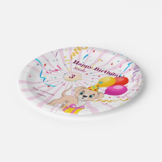 かわいい子犬パーソナライズされた誕生日女の子 ペーパープレート (アングル)