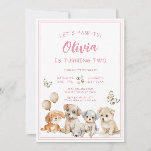 かわいい子犬パーティー 犬 ピンク 女の子 誕生日パーティー 招待状 (正面)