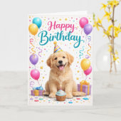 かわいい子犬パーティー 誕生日 カード (黄色い花)