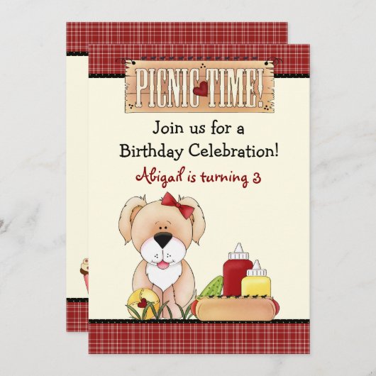 かわいい子犬ピクニック誕生日招待状~女の子 招待状 (正面/裏面)