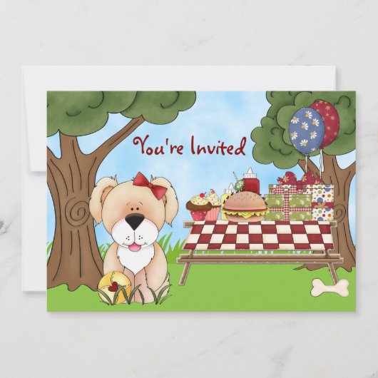 かわいい子犬ピクニック誕生日招待状～女の子 招待状 (正面)