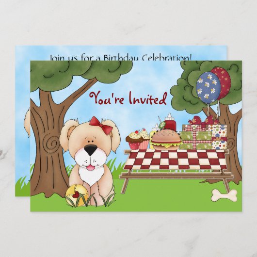 かわいい子犬ピクニック誕生日招待状～女の子 招待状 (正面/裏面)