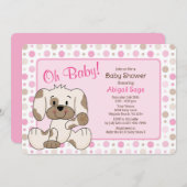 かわいい子犬ピンクの水玉模様赤ちゃんシャワー 招待状 (正面/裏面)