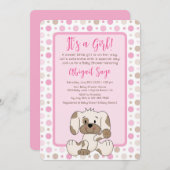 かわいい子犬ピンクの水玉模様赤ちゃんシャワー 招待状 (正面/裏面)