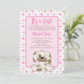 かわいい子犬ピンクの水玉模様赤ちゃんシャワー 招待状 (スタンド正面)