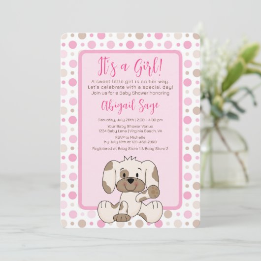 かわいい子犬ピンクの水玉模様赤ちゃんシャワー 招待状 (スタンド正面)