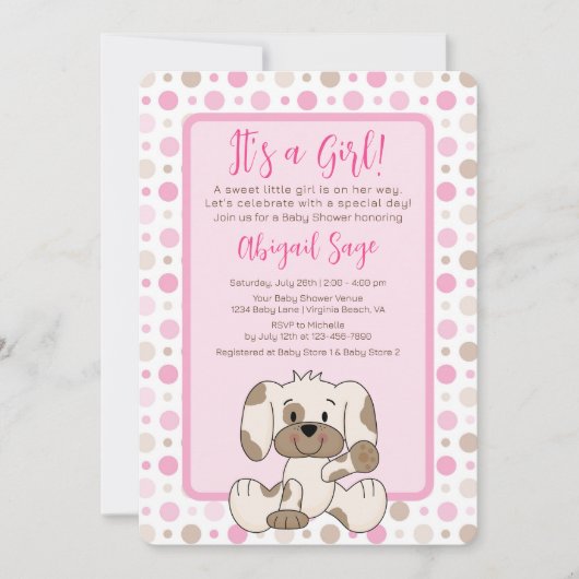 かわいい子犬ピンクの水玉模様赤ちゃんシャワー 招待状 (正面)