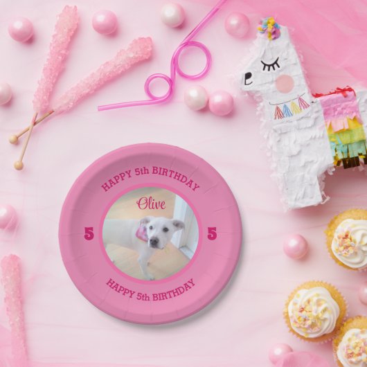 かわいい子犬ピンク誕生日の写真5 ペーパープレート (パーティー)