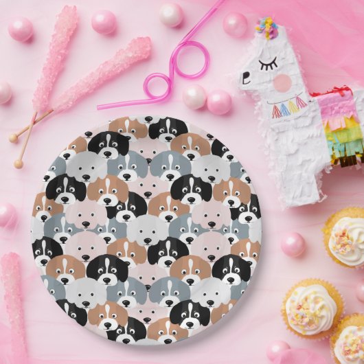 かわいい子犬ピンク黒イラストレーション ペーパープレート (パーティー)
