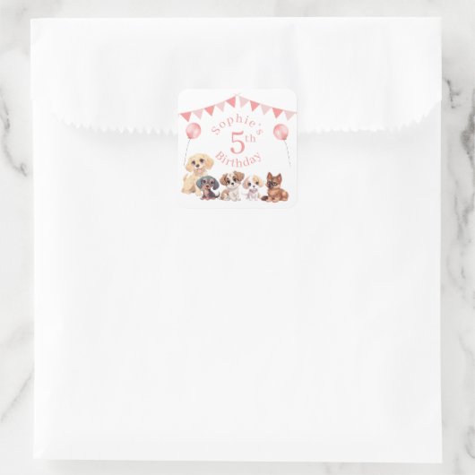 かわいい子犬ピンク5誕生日 スクエアシール (バッグ)
