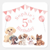 かわいい子犬ピンク5誕生日 スクエアシール (正面)