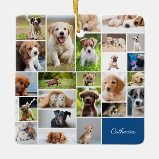 かわいい子犬フォトモンタージュかわいい犬のクリスマス セラミックオーナメント (正面)