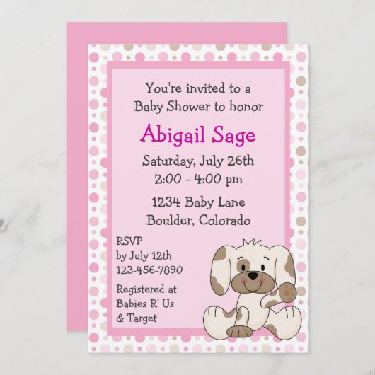 かわいい子犬ベビーガールシャワー招待状 招待状 (正面/裏面)