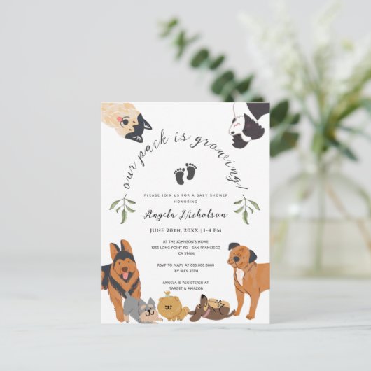 かわいい子犬ベビーシャワー招待状はがき ポストカード (スタンド正面)