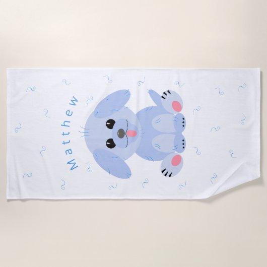 かわいい子犬マンガブルーパーソナライズされた ビーチタオル (正面)
