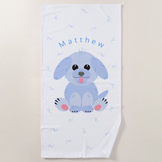 かわいい子犬マンガブルーパーソナライズされた ビーチタオル (正面)