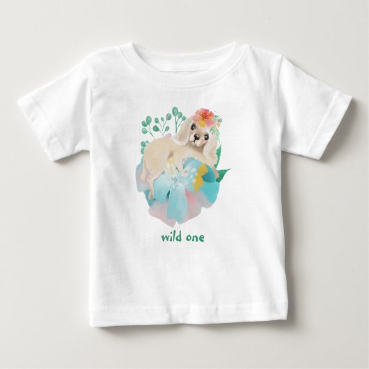 かわいい子犬ワイルドワンベビーガールファースト誕生日 ベビーTシャツ (正面)