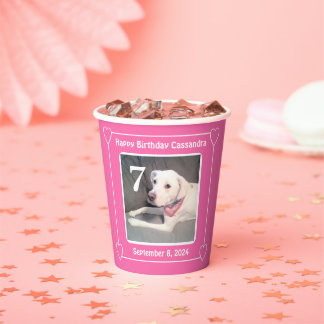 かわいい子犬ワン写真誕生日番号7ピンク 紙コップ