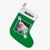 かわいい子犬独身の1写真名前をカスタムする緑 スモールクリスマスストッキング (正面 (吊り時))