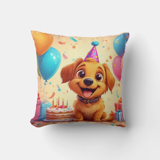 かわいい子犬祝の誕生日パーティーとケーキ クッション (正面)