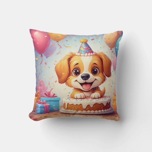 かわいい子犬祝の誕生日パーティーとケーキ クッション (正面)
