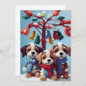 かわいい子犬詰まった人形3体：かわいい挨拶 シーズンカード (正面/裏面)