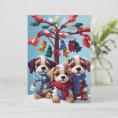 かわいい子犬詰まった人形3体：かわいい挨拶 シーズンカード (スタンド正面)