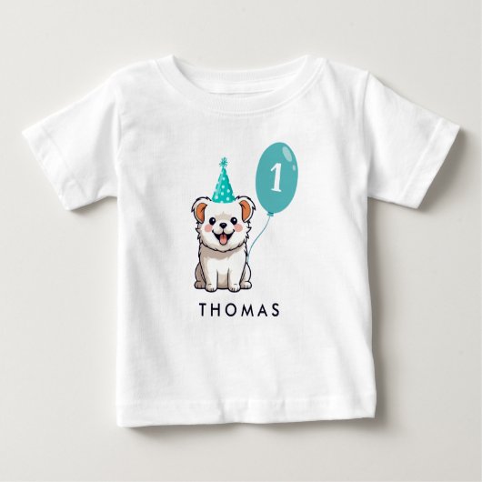 かわいい子犬誕生日ボーイブルーバルーン ベビーTシャツ (正面)