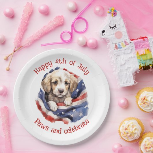 かわいい子犬赤白青アメリカ国旗Happy 4th ペーパープレート (パーティー)