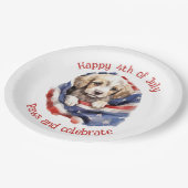 かわいい子犬赤白青アメリカ国旗Happy 4th ペーパープレート (アングル)