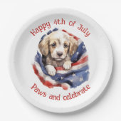 かわいい子犬赤白青アメリカ国旗Happy 4th ペーパープレート (正面)
