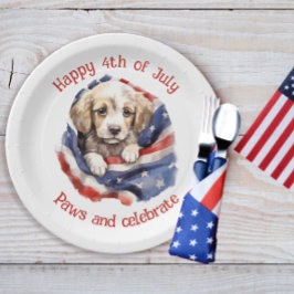 かわいい子犬赤白青アメリカ国旗Happy 4th ペーパープレート