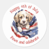 かわいい子犬赤白青アメリカ国旗Happy 4th ラウンドシール (正面)