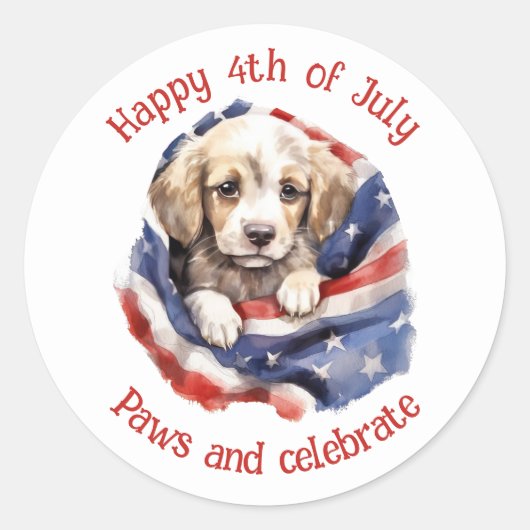 かわいい子犬赤白青アメリカ国旗Happy 4th ラウンドシール (正面)