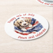 かわいい子犬赤白青アメリカ国旗Happy 4th ラウンドペーパーコースター (アングル)