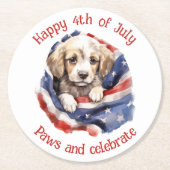 かわいい子犬赤白青アメリカ国旗Happy 4th ラウンドペーパーコースター (正面)