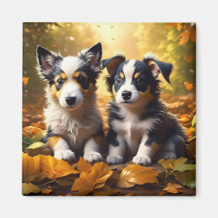 かわいい子犬遊二匹の紅葉 マグネット