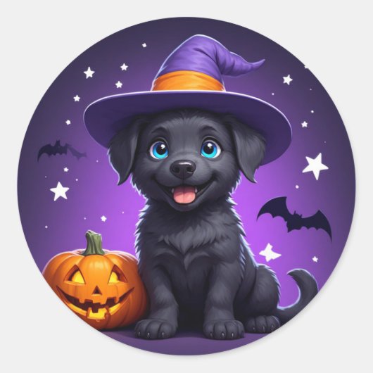 かわいい子犬魔女帽子ハロウィン 🐶 ラウンドシール (正面)