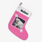 かわいい子犬1独身の写真名前をカスタムするピンク スモールクリスマスストッキング (正面 (吊り時))