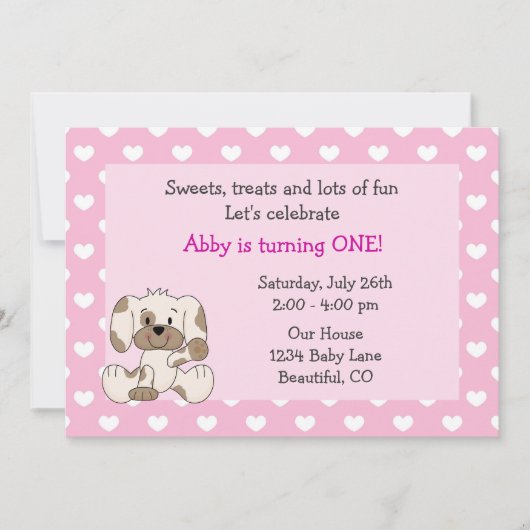 かわいい子犬1stバースデーガールズ招待状 招待状 (正面)