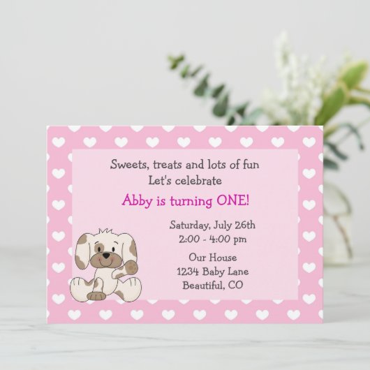 かわいい子犬1stバースデーガールズ招待状 招待状 (スタンド正面)