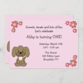 かわいい子犬1st誕生日招待状for Girls 招待状 (正面/裏面)