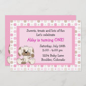 かわいい子犬1st誕生日招待状for Girls 招待状 (正面/裏面)