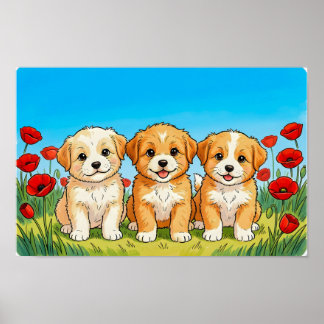 かわいい子犬3匹と赤いケシ ポスター