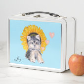 かわいい子犬、ひまわり、ライトブルーのハート メタルランチボックス (インサイチュ)