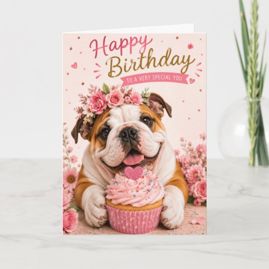 かわいい子犬 イングリッシュブルドッグ 誕生日 カード (正面)