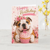かわいい子犬 イングリッシュブルドッグ 誕生日 カード (黄色い花)